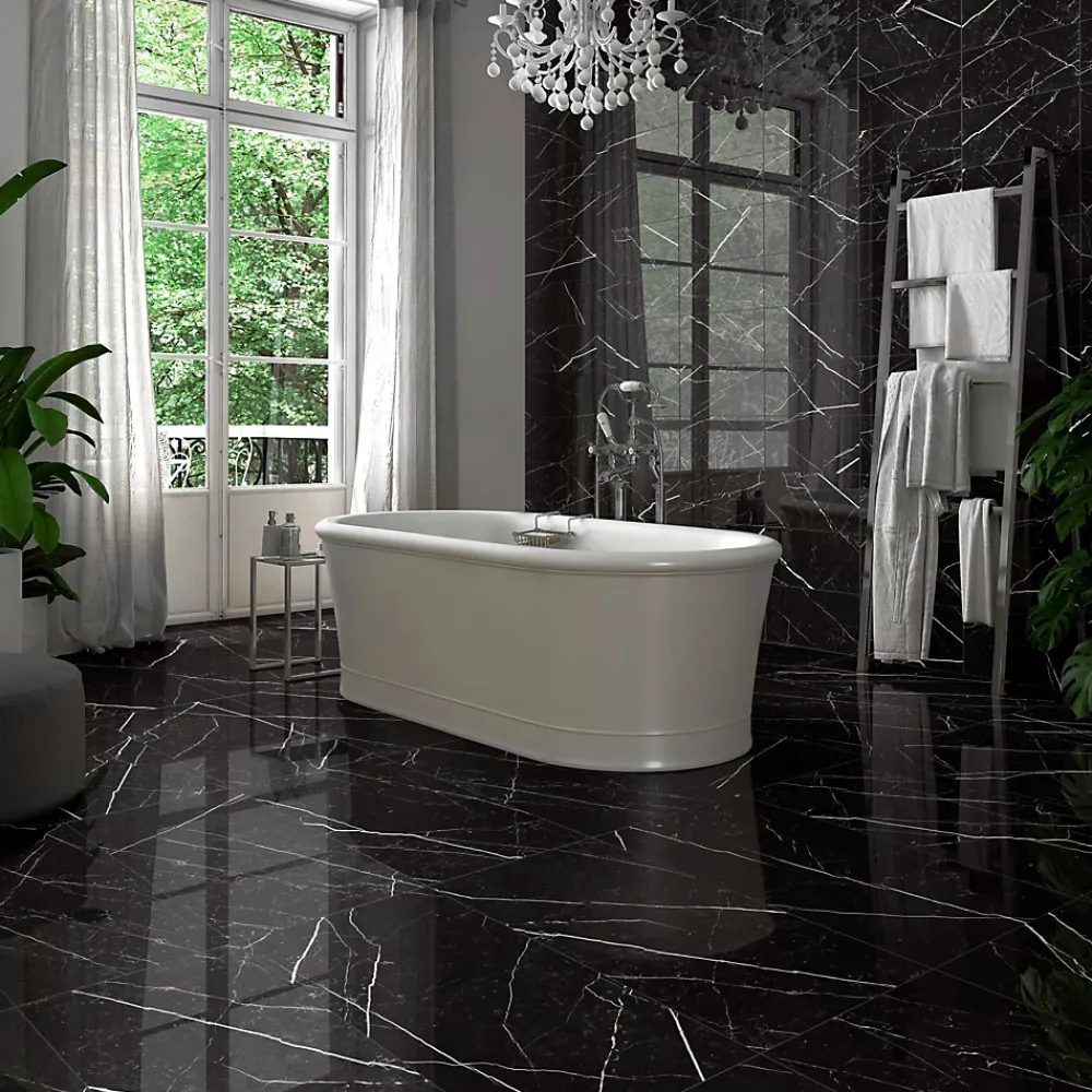 Carrelage sol et mur intérieur en grès cérame émaillé effet marbre noir poli L.60 x l.30 cm x ép.9 mm, Fiordo Tresor- Carrelage Mural Pour Pièce À Vivre|Carrelage Mural Effet Marbre