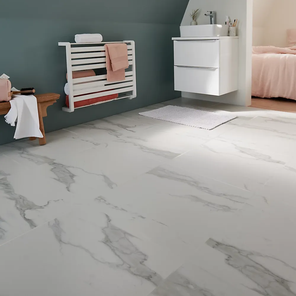 GoodHome Carrelage Mural Effet Marbre|Carrelage Sol Pour Pièce À Vivre<Carrelage sol et mur intérieur effet marbre blanc mat L.60 x l.60 cm x ép.9 mm, Ultimate Marble