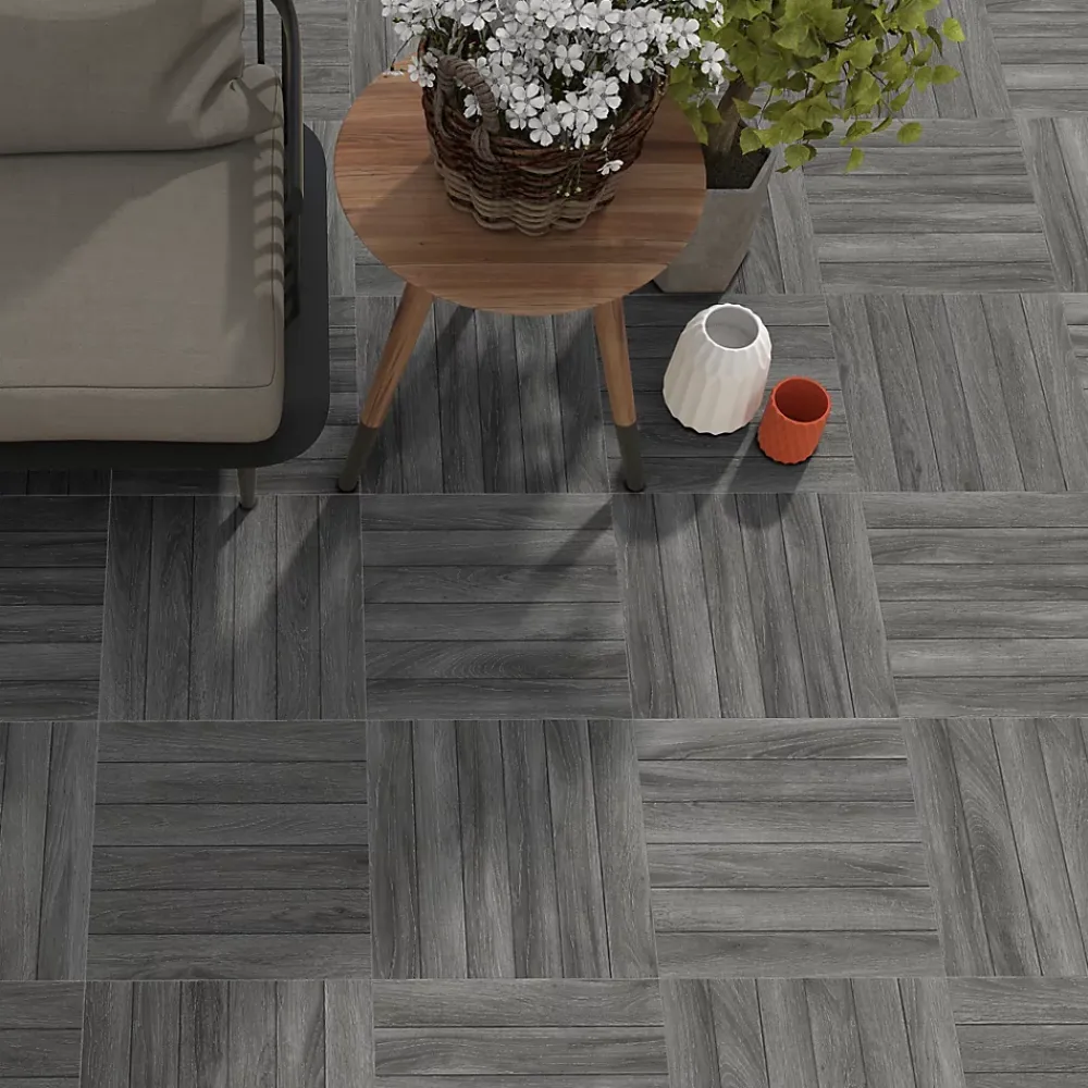 Ecoceramic Carrelage sol extérieur en grès cérame émaillé effet chêne anthracite l.45 x L.45 x 0.95 cm Deckland- Carrelage Extérieur Et Terrasse