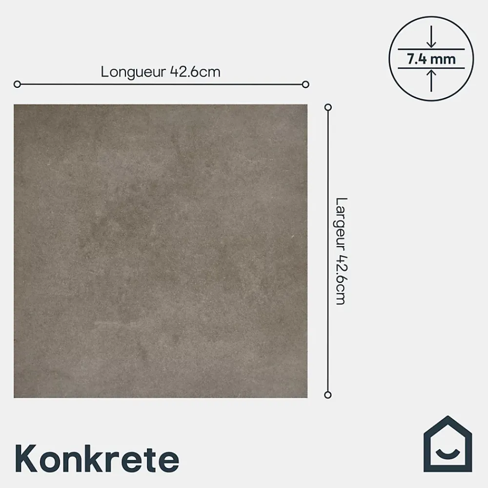 GoodHome Carrelage sol intérieur effet béton gris L.42,6 x l.42,6 cm x ép.7,4 mm, Konkrete- Carrelage Sol Pour Pièce À Vivre|Carrelage Mural Effet Béton