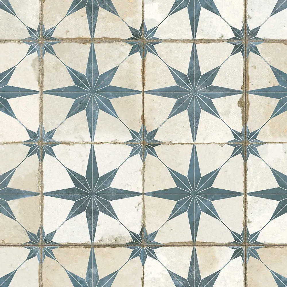 Ro'Ma Carrelage Carrelage Vintage effet Carreau ciment Etoile Bleue et Fond Blanc 45x45x0,95 cm Sparta - Sol et mur intérieur -- Carrelage Sol Effet Carreaux De Ciment