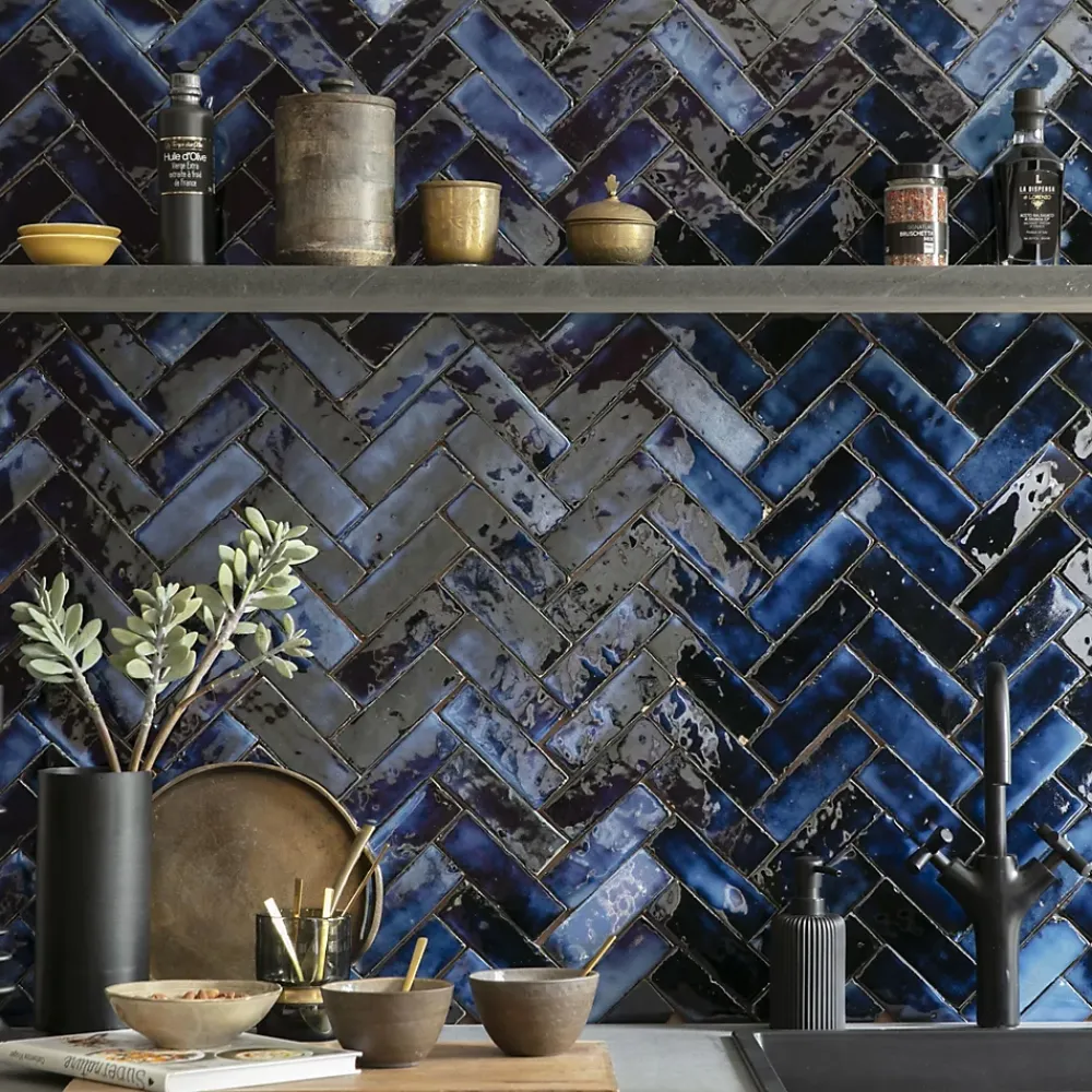 Ro'Ma Nature Faïence Pour Douche|Faïence Pour Pièce À Vivre<Carrelage Zellige Marocain Bleu Magique 5x15 cm (vendu par 1 m²) -