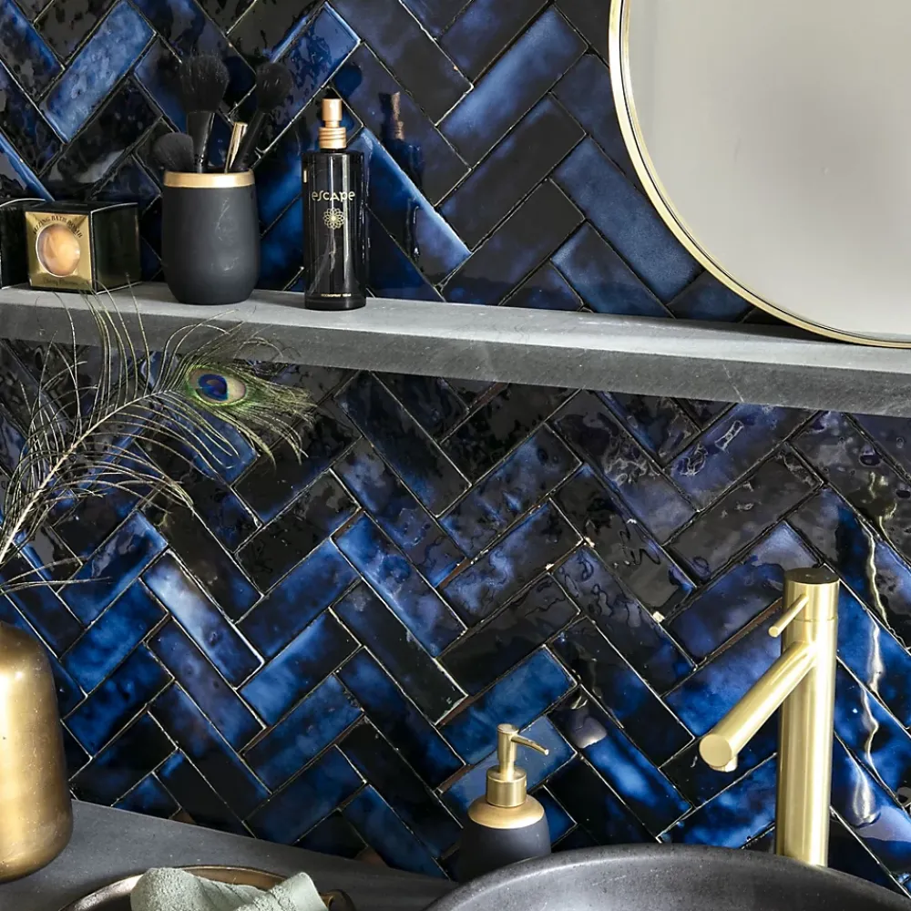 Ro'Ma Nature Faïence Pour Douche|Faïence Pour Pièce À Vivre<Carrelage Zellige Marocain Bleu Magique 5x15 cm (vendu par 1 m²) -