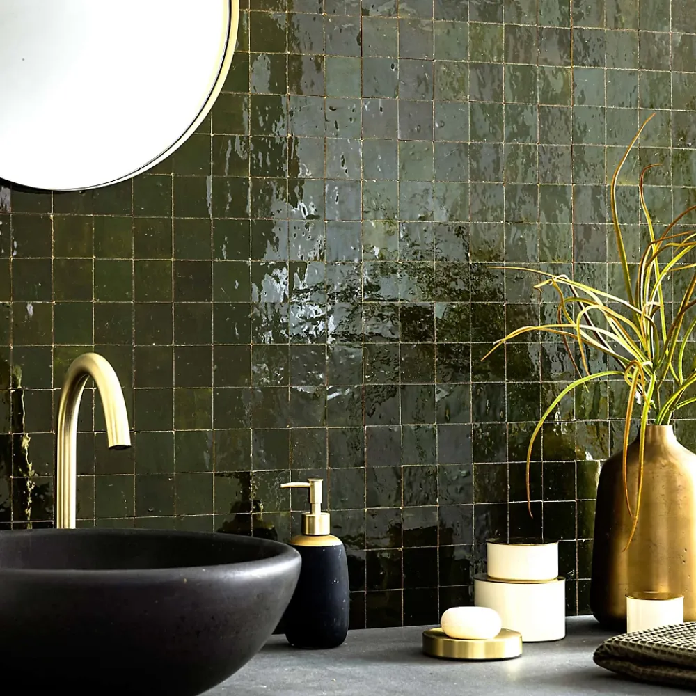 Ro'Ma Nature Carrelage Zellige Marocain Vert Empire 5x5 cm (vendu par plaque de 30x30 cm soit 0,09 m²) -- Faïence Pour Douche|Faïence Pour Pièce À Vivre