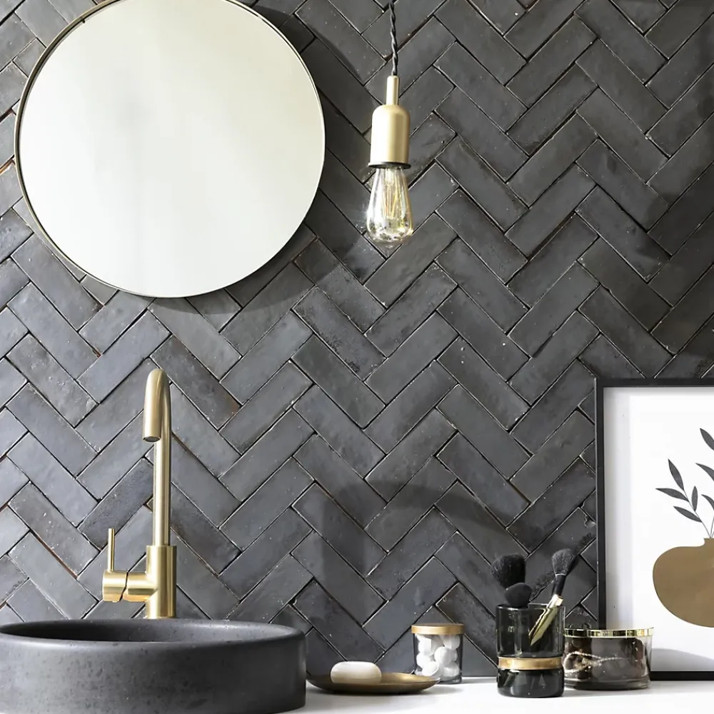 Ro'Ma Nature Faïence Pour Salle De Bains<Carrelage Zellige Marocain Noir Carbone 5x15 cm (vendu par 1 m²) -