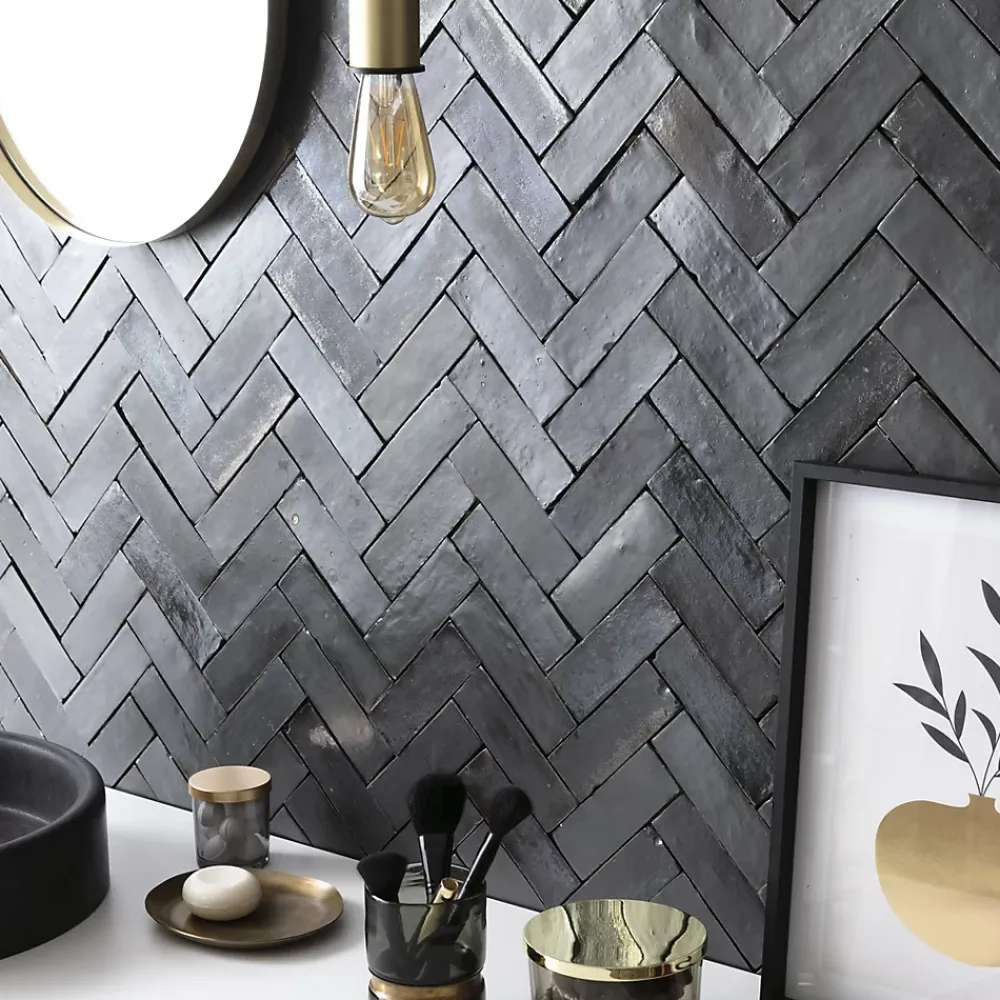Ro'Ma Nature Faïence Pour Salle De Bains<Carrelage Zellige Marocain Noir Carbone 5x15 cm (vendu par 1 m²) -