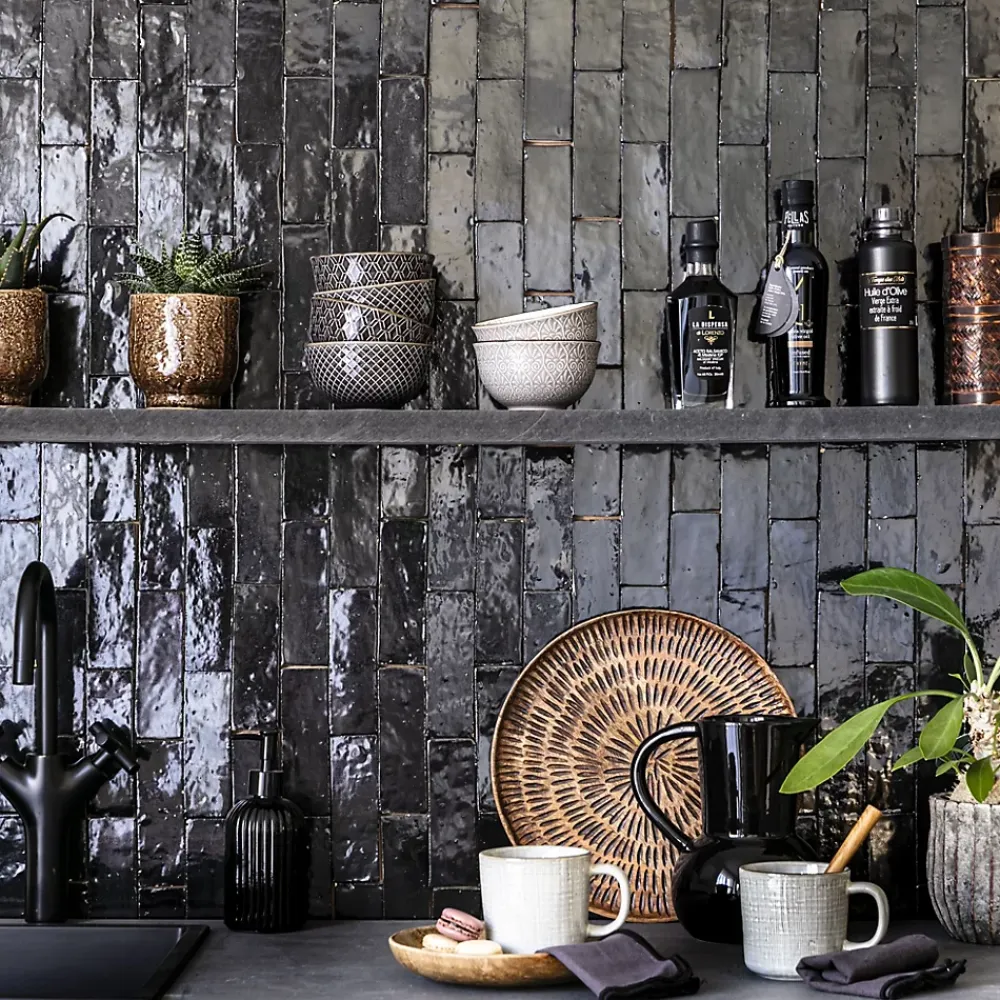 Ro'Ma Nature Carrelage Zellige Marocain Noir Intense 5x15 cm (vendu par 1 m²) -- Faïence Pour Cuisine