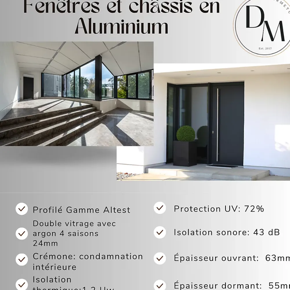 3 in 1 Châssis fixe en Aluminium RAL 9005 ( L.: 175 cm x H.: 180 cm)- Fenêtre Aluminium