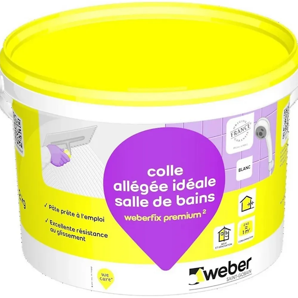 Weber Colle allégée pour carrelage spéciale salle de bain .FIX PREMIUM ² (D2 ET) - Le Seau de 2 Kg - BLANC- Joint Carrelage Sol