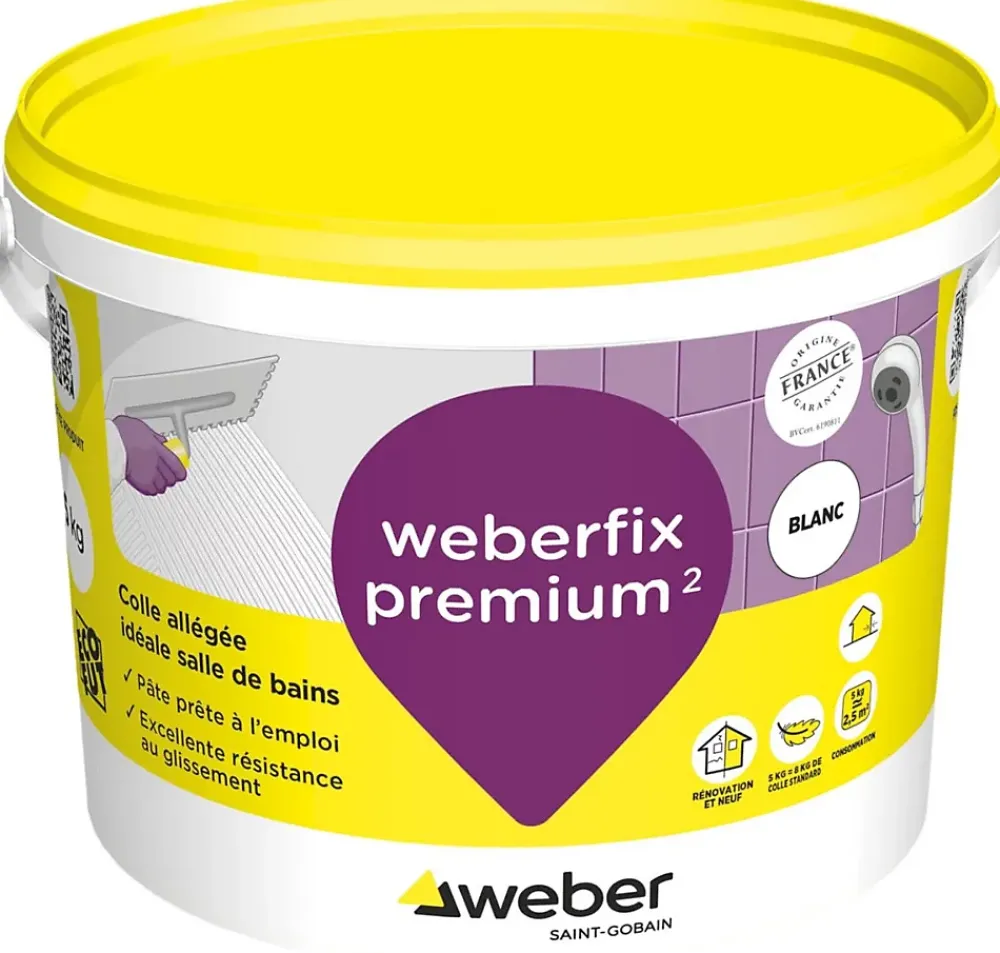 Weber Colle allégée pour carrelage spéciale salle de bain .FIX PREMIUM ² (D2 ET) - Le Seau de 5 Kg - BLANC- Joint Carrelage Sol