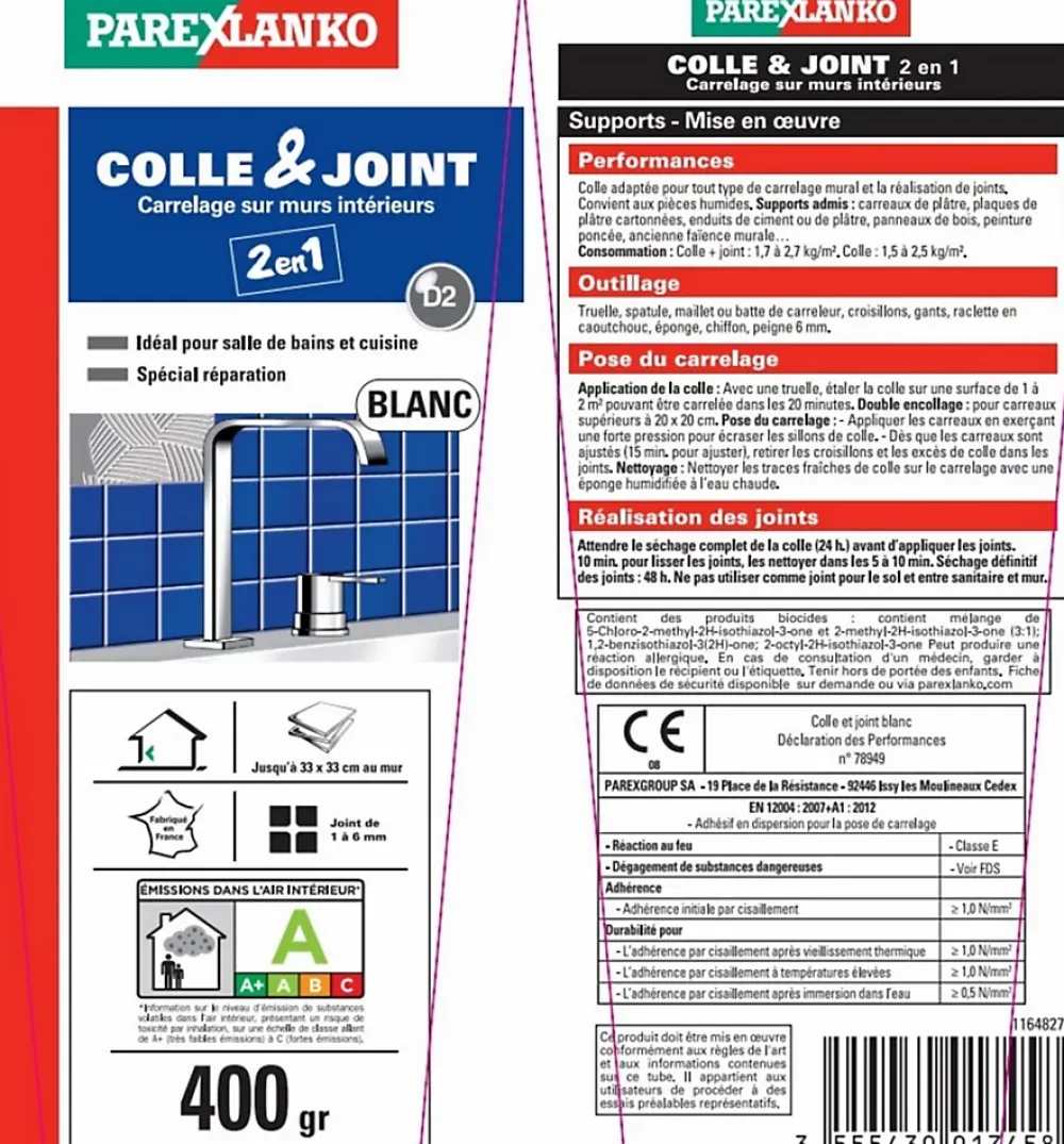 Parexlanko Colle et joint carrelage mur intérieur blanc 400 g- Colle Carrelage Mural