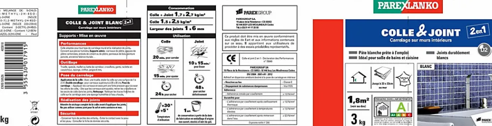 Parexlanko Joint Carrelage Mural<Colle et joint carrelage mur intérieur blanc 3kg
