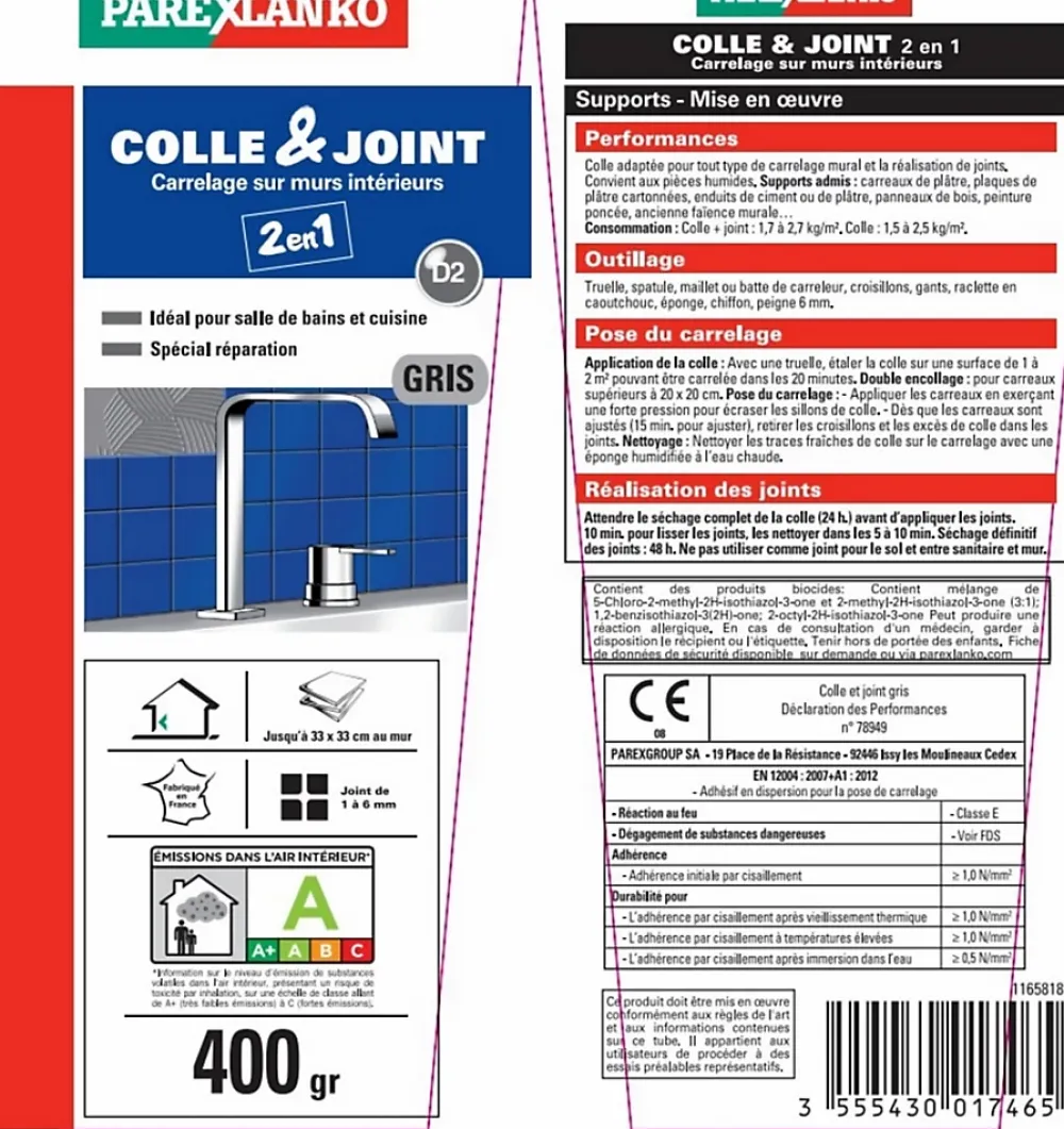 Parexlanko Colle et joint carrelage mur intérieur gris 400 g- Colle Carrelage Mural