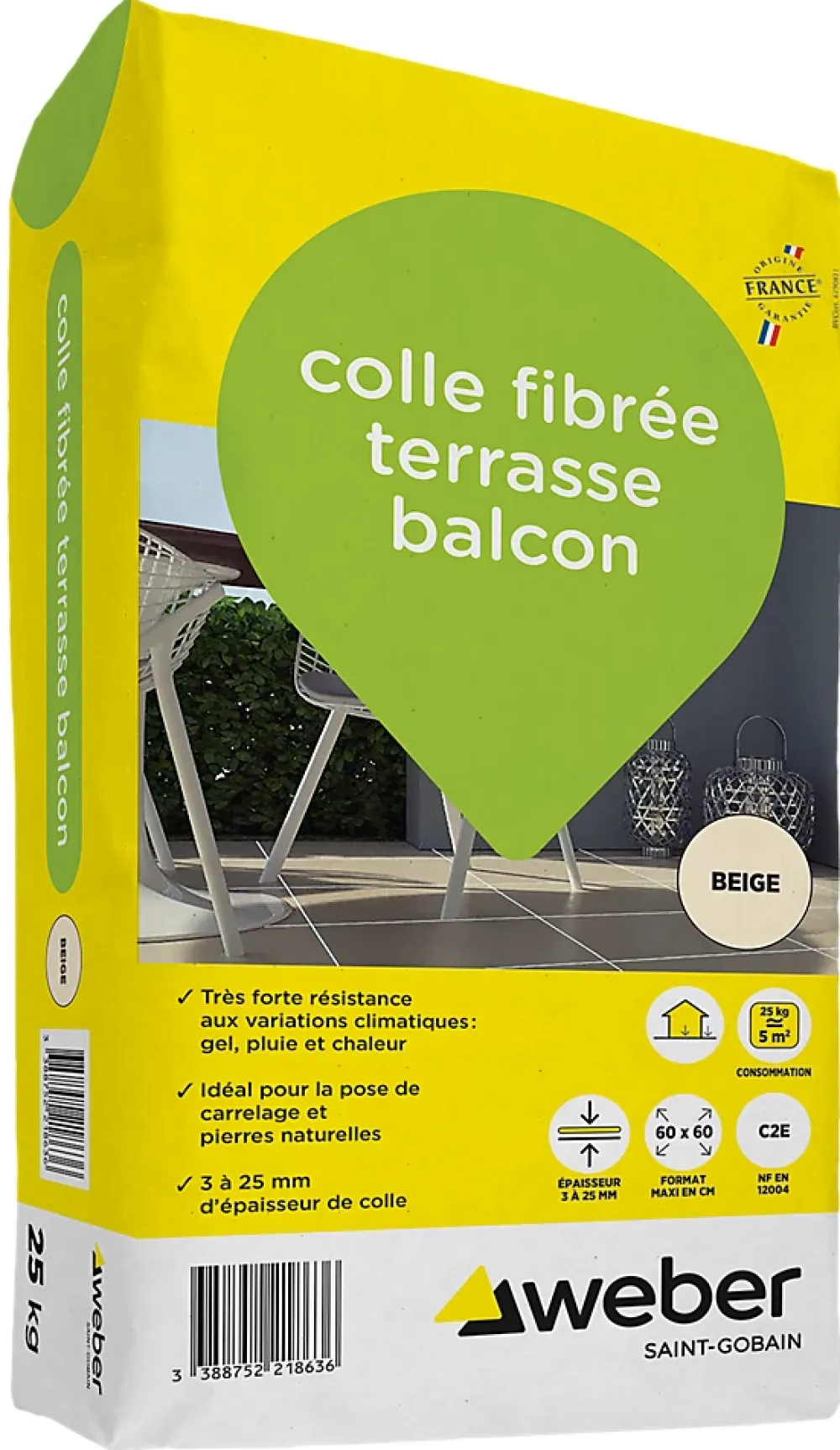 Weber Saint-Gobain Colle Carrelage Sol<Colle fibrée terrasse balcon beige Weber 25kg