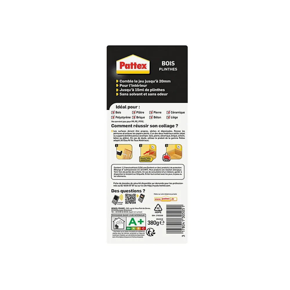 Pattex Colle Parquet<Colle fixation bois plinthes cartouche 380g