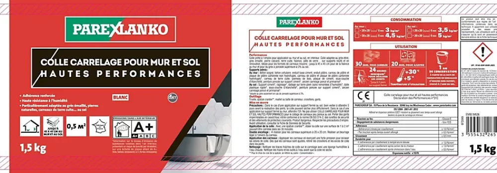 Parexlanko Colle pour carrelage mur et sol intérieur hautes performances blanc 1,5 kg- Colle Carrelage Sol|Colle Carrelage Mural