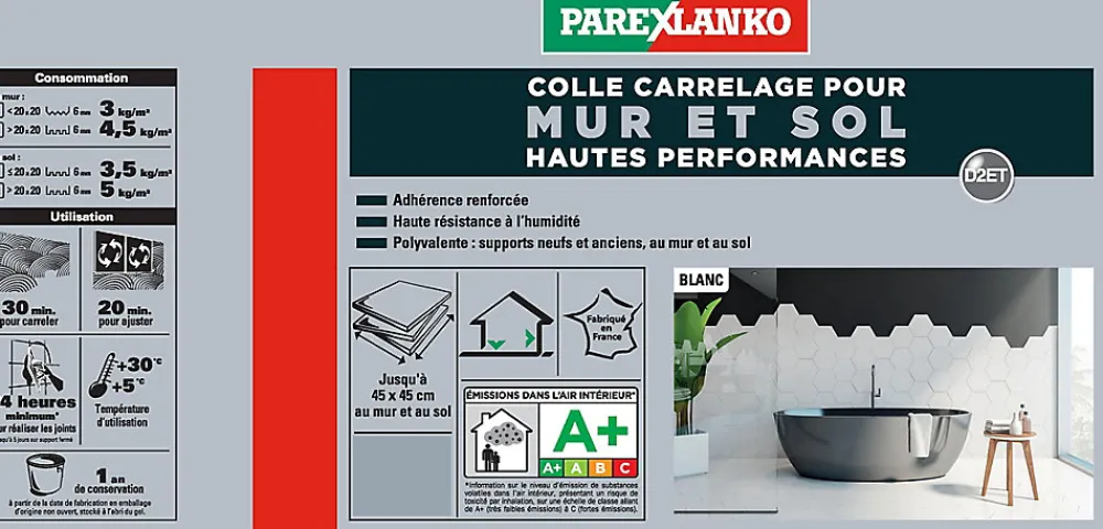 Parexlanko Colle pour carrelage mur et sol intérieur hautes performances blanc 25 kg- Colle Carrelage Sol|Colle Carrelage Mural