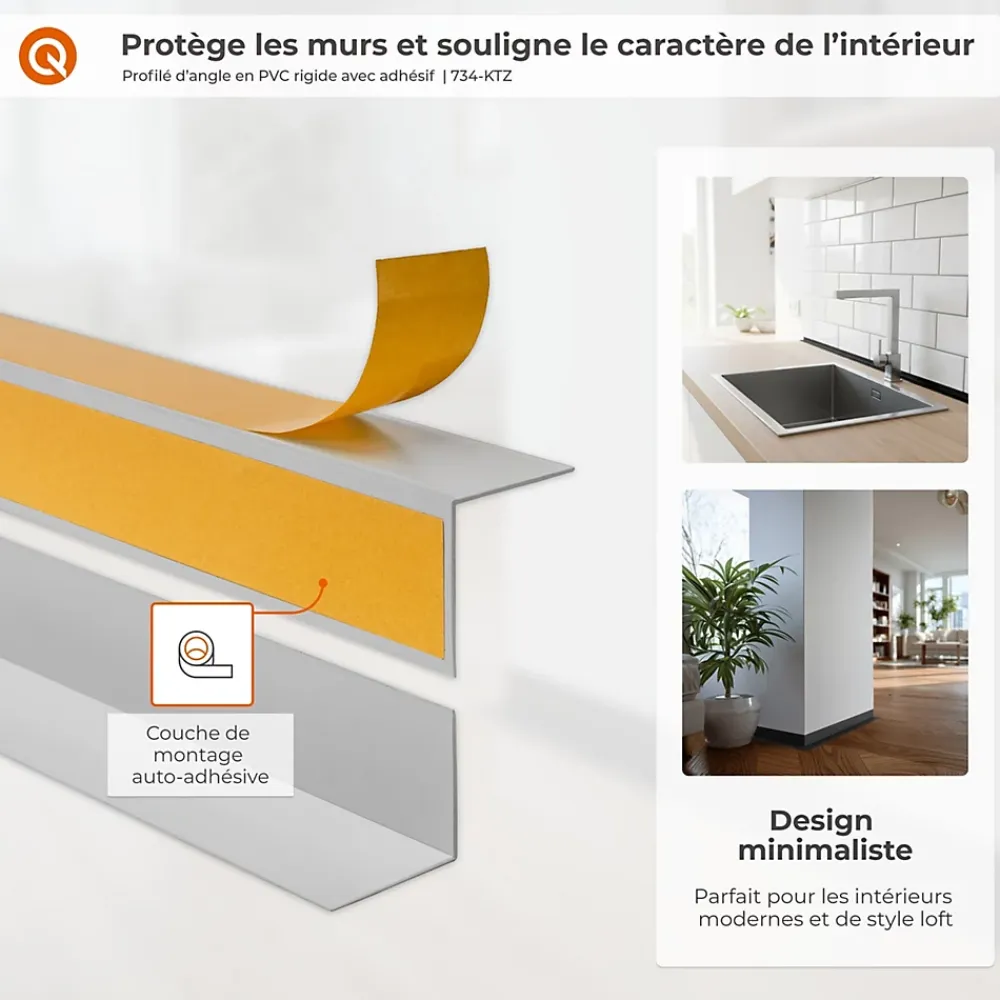Quest Corniere d'angle interieur PVC 50x20mm Autocollante, 150 cm, blanc- Plinthe Pour Sol En Vinyle Et Pvc