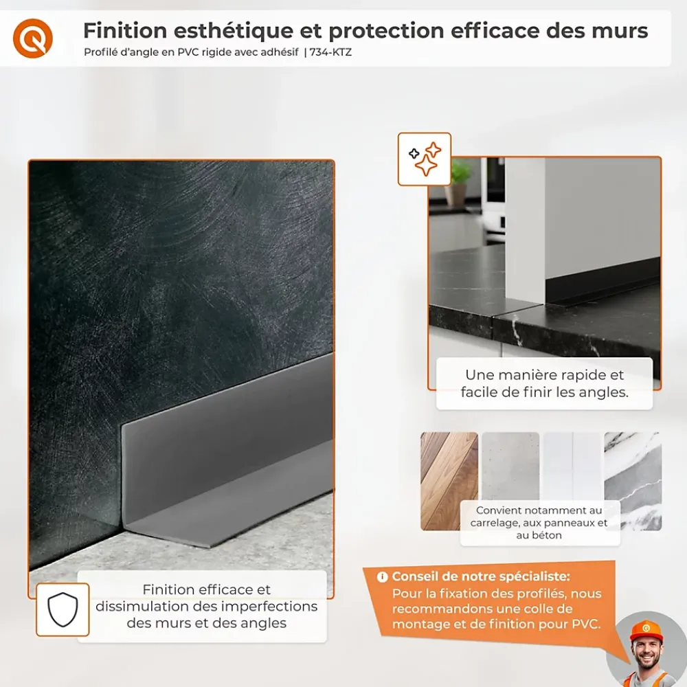 Quest Corniere d'angle interieur PVC 50x20mm Autocollante, 150 cm, blanc- Plinthe Pour Sol En Vinyle Et Pvc