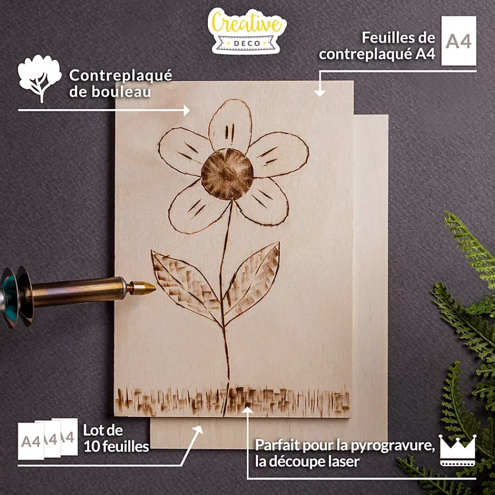 Creative Deco 10 x A4 Contreplaqué 300 x 210 x 3mm (+/-0,5mm) - Bois Brut Bouleau - Panneau Découpe Laser - Pyrogravure Gravure- Panneau Bois, Osb, Mdf