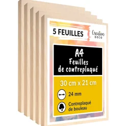 Creative Deco Panneau Bois, Osb, Mdf<5 x A4 Contreplaqué 300 x 210 x 24mm (+/- 0,5mm) - Bouleau Brut - Panneau Découpe Laser - Gravure, Cricut, Maquette