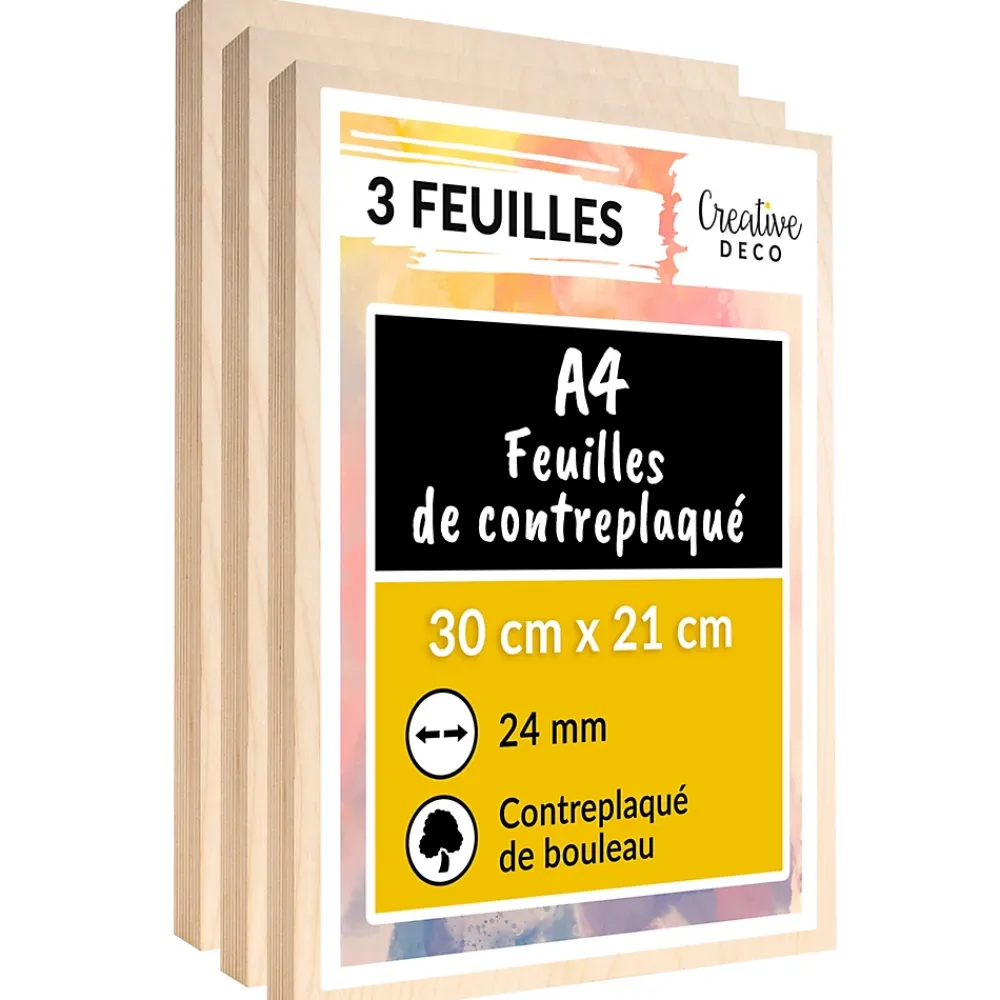 Creative Deco 3 x A4 Contreplaqué 300 x 210 x 24mm (+/- 0,5mm) - Bouleau Brut - Panneau Découpe Laser - Gravure, Cricut, Maquette- Panneau Bois, Osb, Mdf