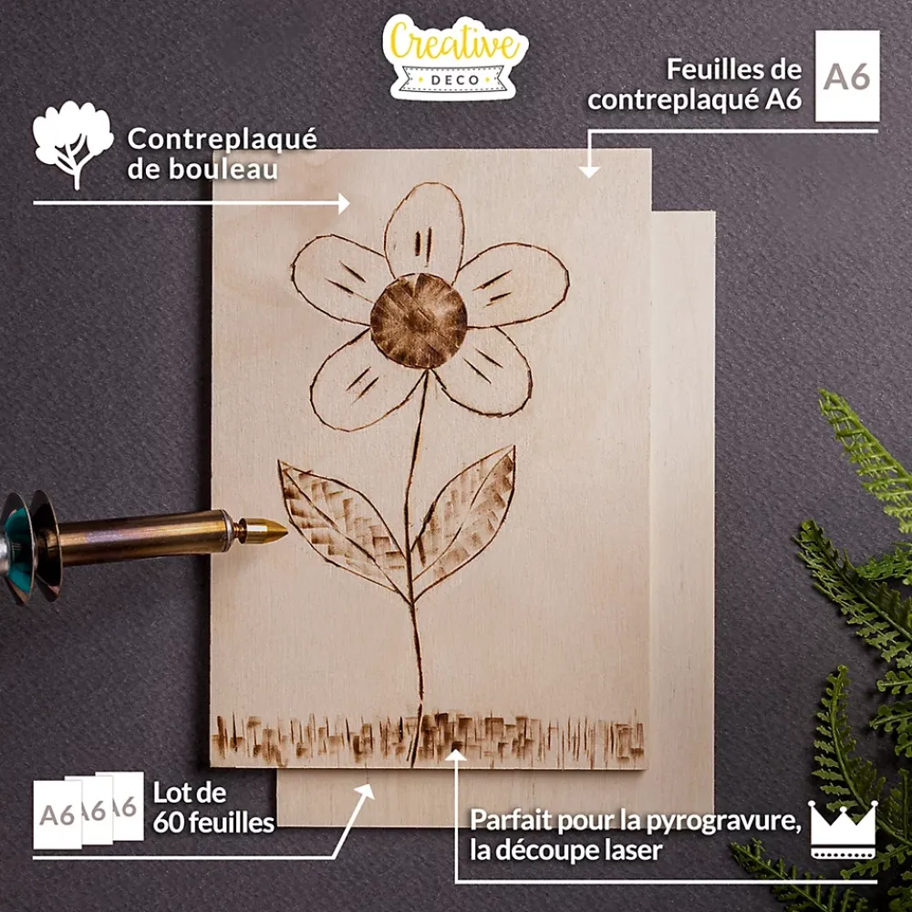 Creative Deco Panneau Bois, Osb, Mdf<60 x A6 Contreplaqué 148 x 105 x 3mm (+/-0,5mm) - Bois Brut Bouleau - Panneau Découpe Laser - Pyrogravure Gravure