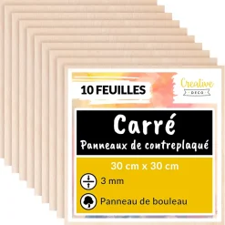 Creative Deco 10 x Contreplaqué Carré 300 x 300 x 3mm (+/-0,5mm) - Bois Brut Bouleau - Panneau Découpe Laser - Pyrogravure Gravure- Panneau Bois, Osb, Mdf