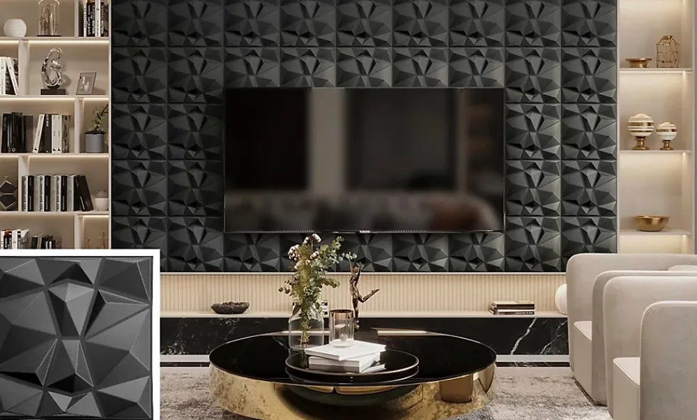 Ikhemalarka Panneau Mural Décoratif<3D PVC panneaux muraux decor gaming chambre mur plafond effet 3D diamant noir plaques PVC decoration 30x30cm 0.09m²