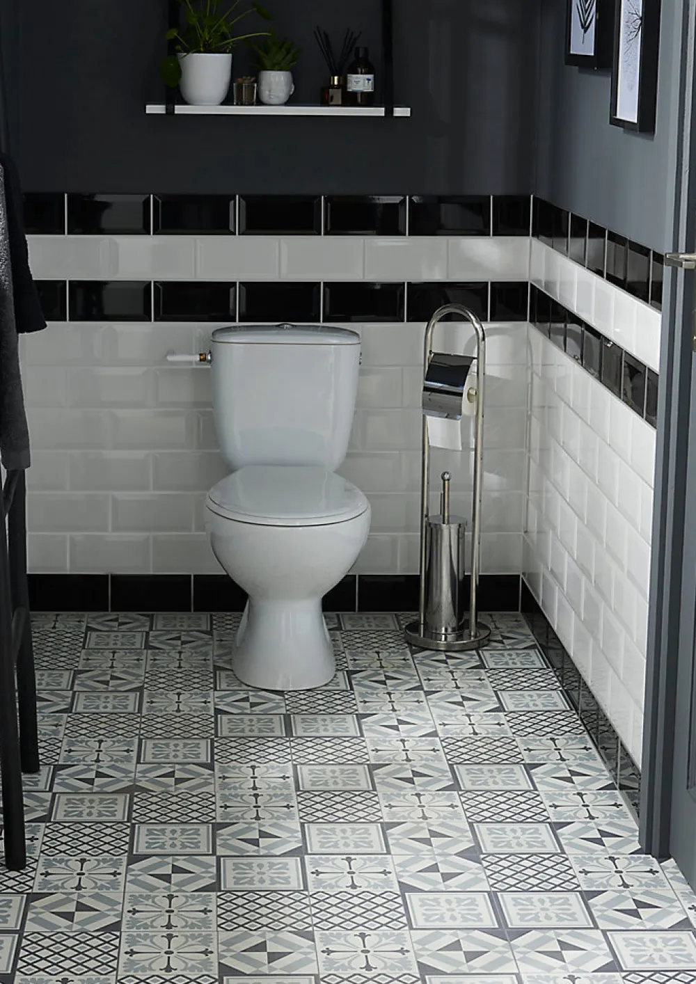 GoodHome Dalle Et Lame Pvc<Dalle PVC adhésive effet carreaux de ciment noir et blanc L.30,5 x l.30,5 cm x ép.2 mm, Poprock