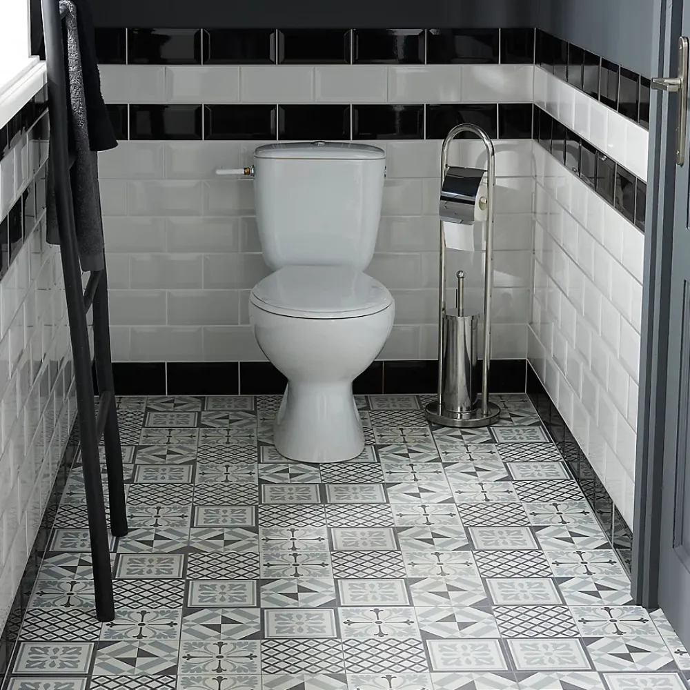 GoodHome Dalle Et Lame Pvc<Dalle PVC adhésive effet carreaux de ciment noir et blanc L.30,5 x l.30,5 cm x ép.2 mm, Poprock