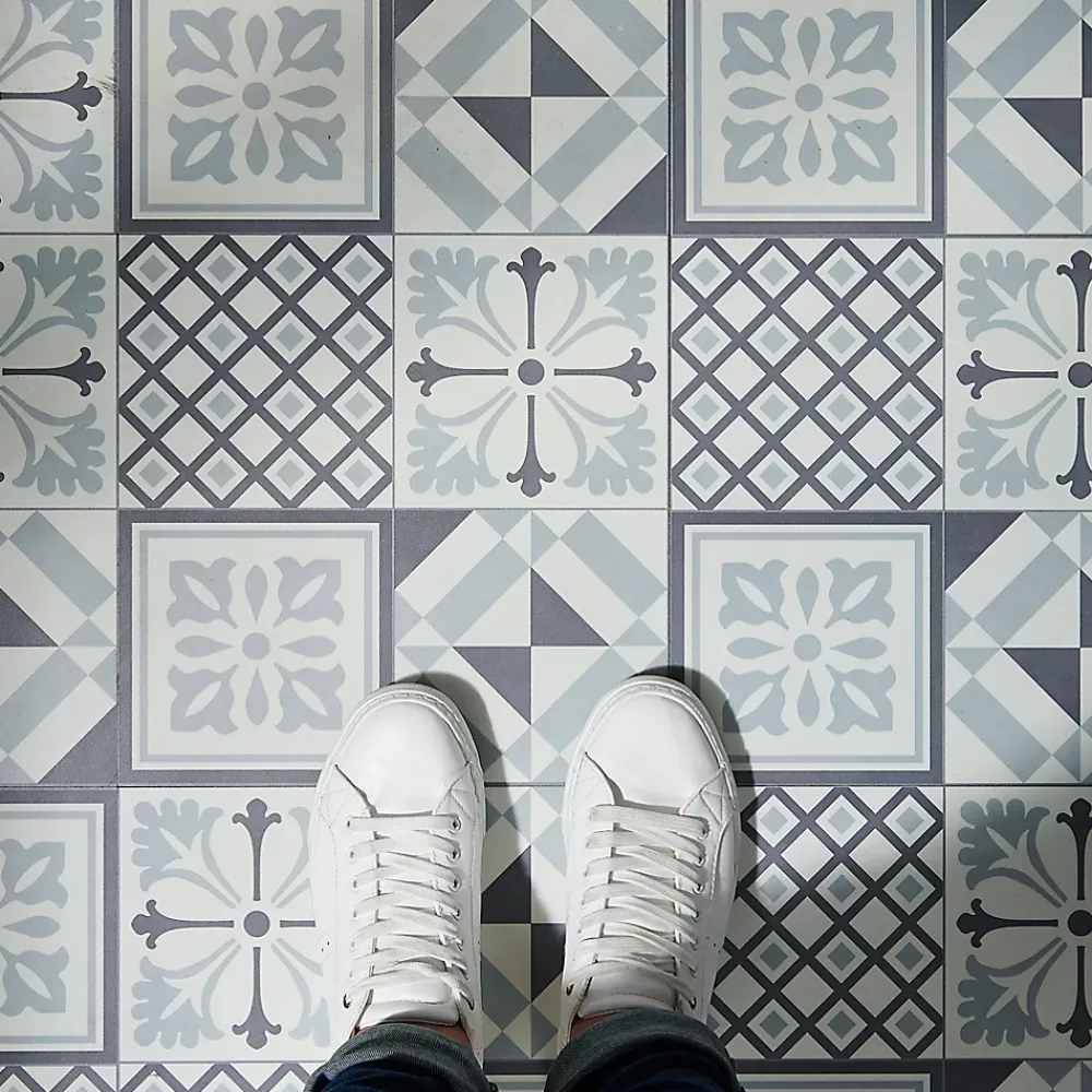 GoodHome Dalle Et Lame Pvc<Dalle PVC adhésive effet carreaux de ciment noir et blanc L.30,5 x l.30,5 cm x ép.2 mm, Poprock