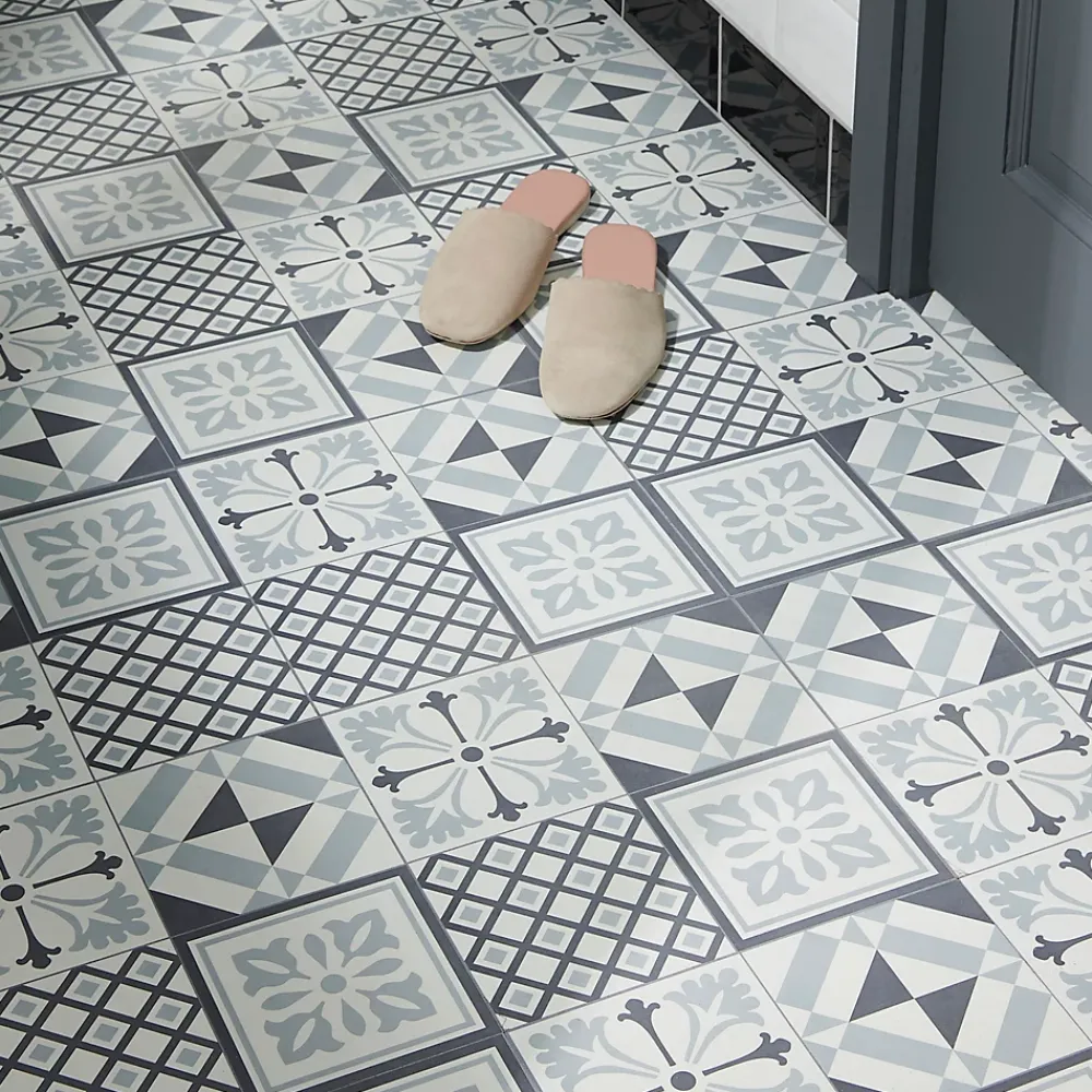 GoodHome Dalle Et Lame Pvc<Dalle PVC adhésive effet carreaux de ciment noir et blanc L.30,5 x l.30,5 cm x ép.2 mm, Poprock