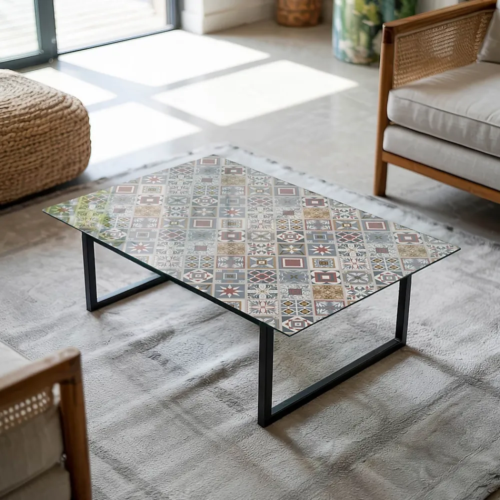Wallfluent Dessus de table en verre trempé 80x60 cm Motif mosaïque avec ornements- Plateau En Verre