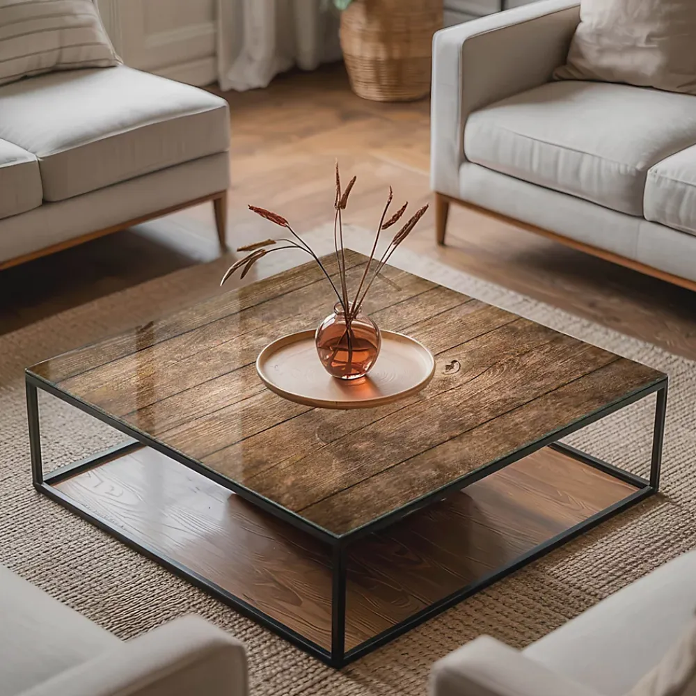 Wallfluent Dessus de table en verre trempé 60x60 cm Structure de planches en bois- Plateau En Verre