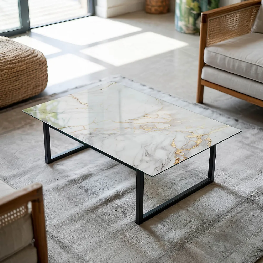 Wallfluent Dessus de table en verre trempé 80x60 cm Marbre élégant avec veines- Plateau En Verre