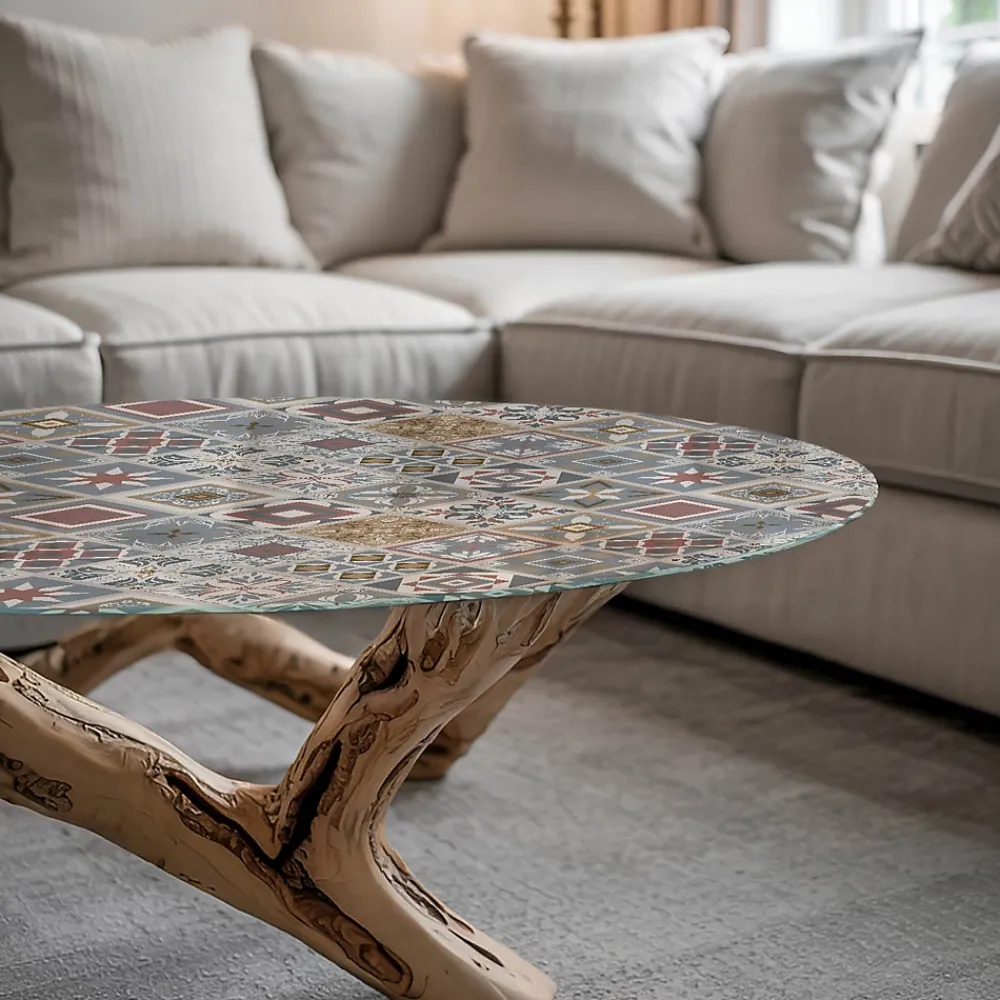 Wallfluent Dessus de table en verre trempé fi60 cm Motif mosaïque avec ornements- Plateau En Verre