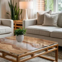 Wallfluent Dessus de table en verre trempé 50x50 cm Bois naturel avec résine- Plateau En Verre