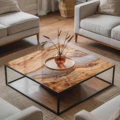 Wallfluent Dessus de table en verre trempé 50x50 cm Bois naturel avec résine- Plateau En Verre
