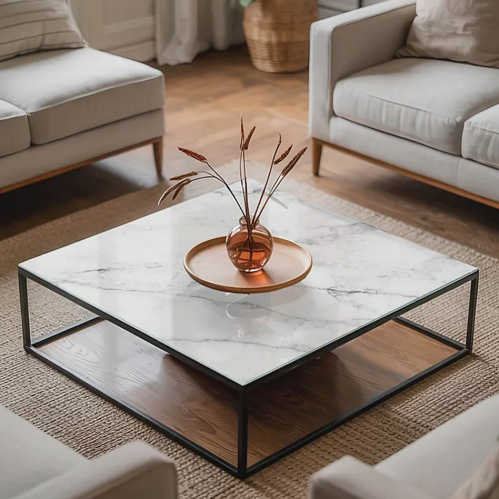 Wallfluent Dessus de table en verre trempé 50x50 cm Motif de surface en marbre- Plateau En Verre