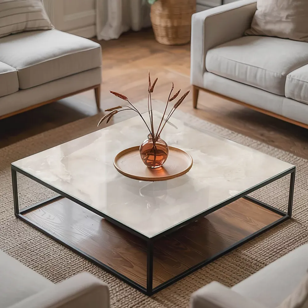 Wallfluent Dessus de table en verre trempé 50x50 cm Motif texturé de marbre- Plateau En Verre