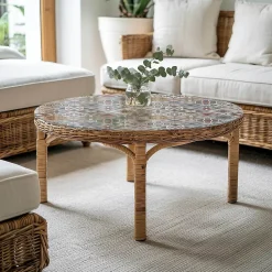 Wallfluent Plateau En Verre<Dessus de table en verre trempé fi90 cm Motif mosaïque avec ornements