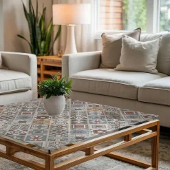 Wallfluent Dessus de table en verre trempé 60x60 cm Motif mosaïque avec ornements- Plateau En Verre