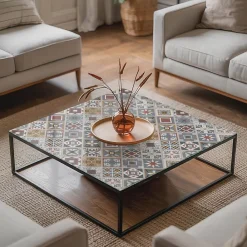 Wallfluent Dessus de table en verre trempé 60x60 cm Motif mosaïque avec ornements- Plateau En Verre