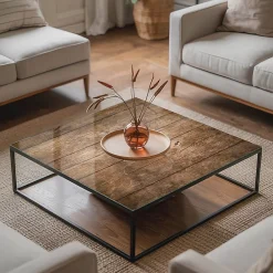Wallfluent Dessus de table en verre trempé 50x50 cm Structure de planches en bois- Plateau En Verre