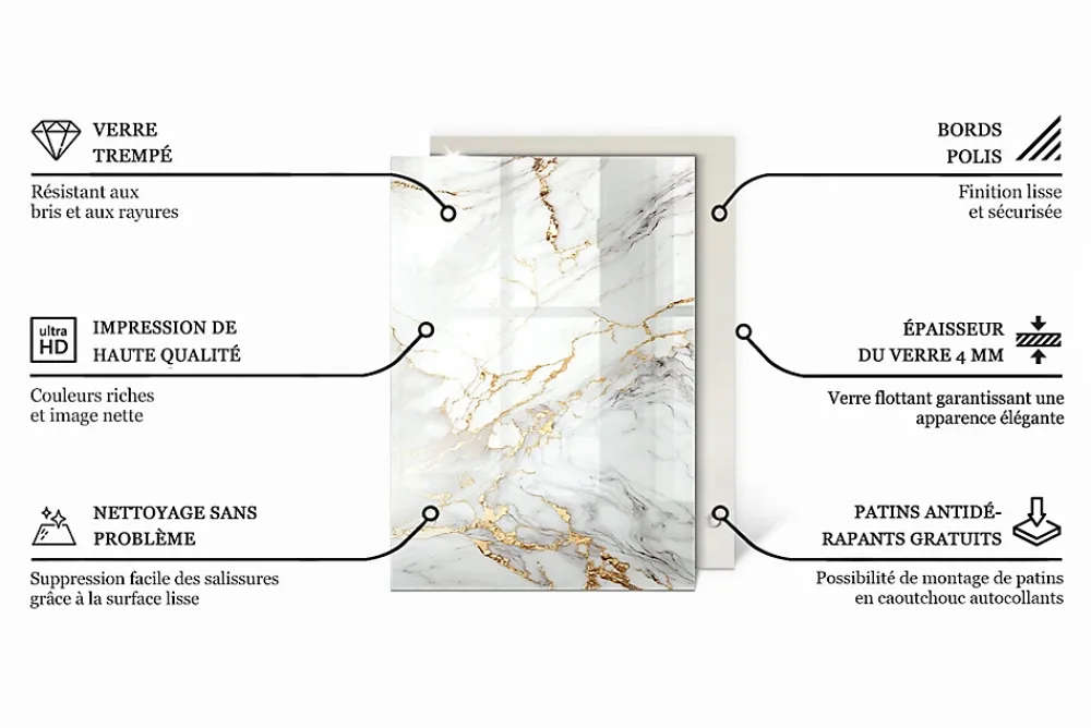 Wallfluent Dessus de table en verre trempé 100x70 cm Motif de marbre veiné- Plateau En Verre