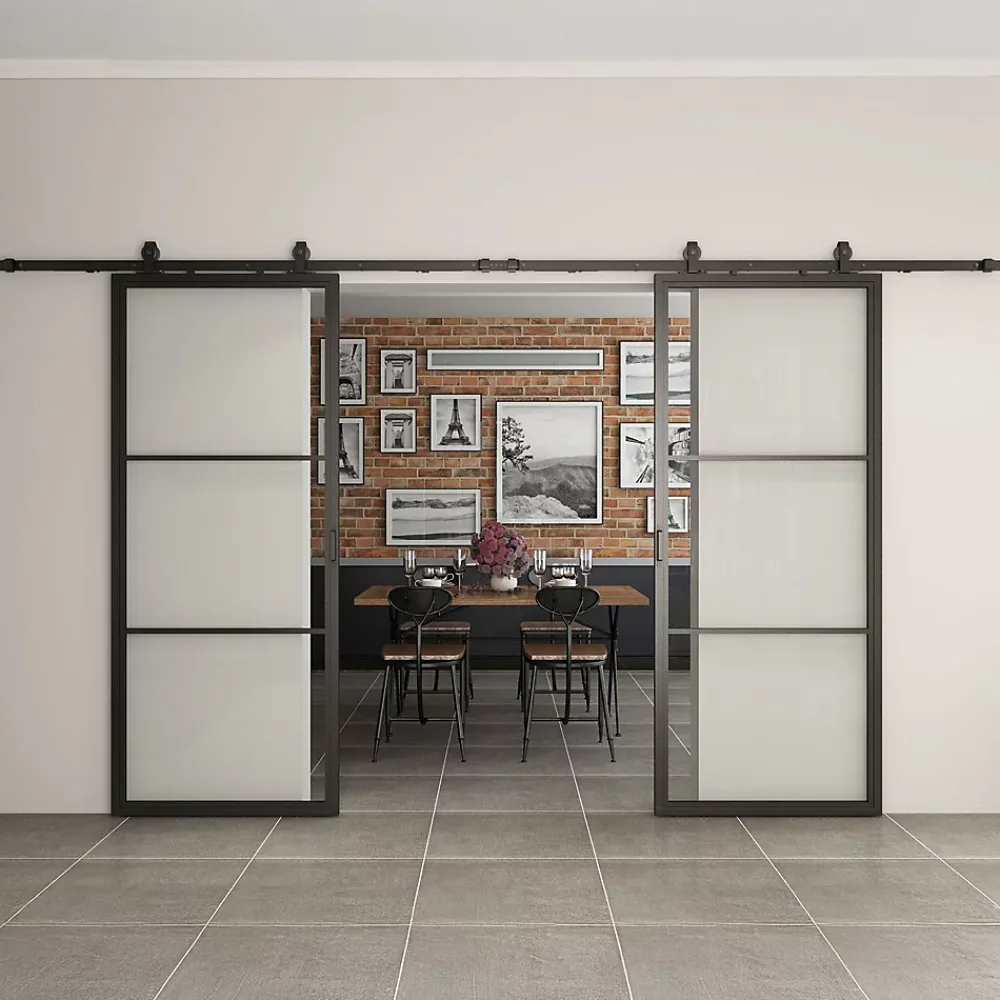 Schulte Porte Coulissante<Double porte coulissante complète verre - 205x220 - porte vitrée - porte verrière - décor Loftstyle - noir