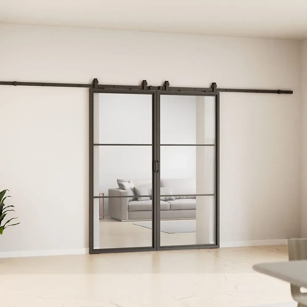 Schulte Porte Coulissante<Double porte coulissante complète verre - 205x220 - porte vitrée - porte verrière - décor Loftstyle - noir