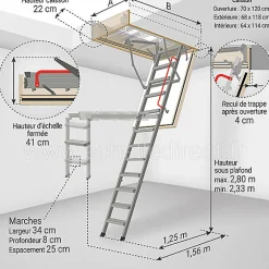 Matisere Echelle coupe feu 60min avec trappe de 70x120cm - Hauteur de 2.33 à 2.80m - LMF60/70120-280- Escalier Escamotable
