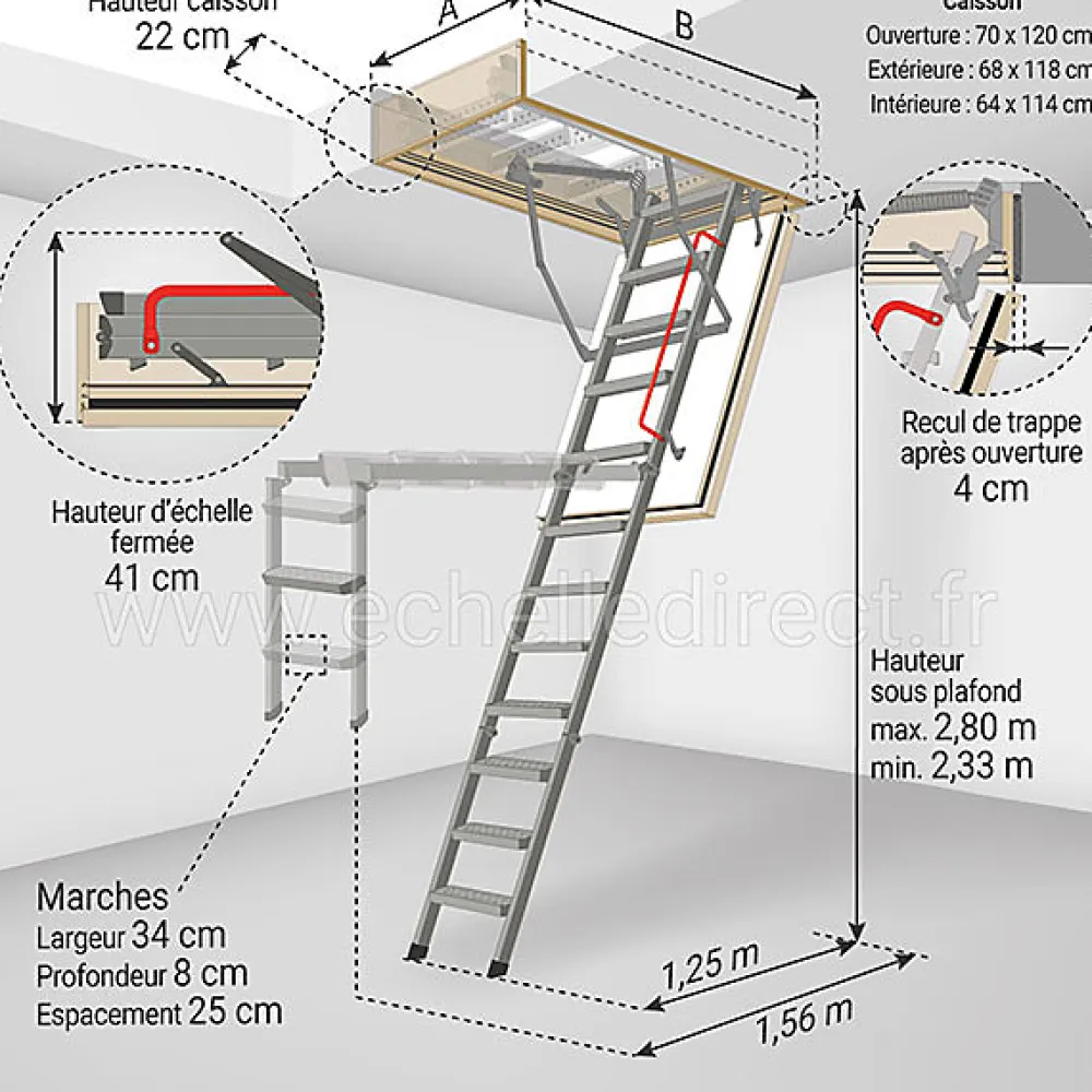 Matisere Echelle coupe feu 60min avec trappe de 70x120cm - Hauteur de 2.33 à 2.80m - LMF60/70120-280- Escalier Escamotable